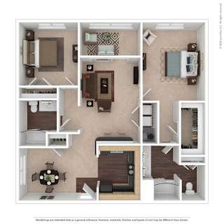 A 3D floor plan of a house with a kitchen, living room, dining room, and bedrooms.