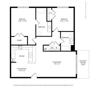A black and white image of a house floor plan with a living room, two bedrooms, a dining room, a kitchen, two bathrooms, and a sunroom/terrace.