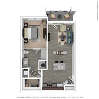 A floor plan of a small apartment with a kitchen, living room, and bathroom.