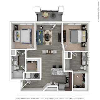 A floor plan of a house with a kitchen, living room, and two bedrooms.