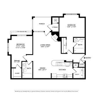 A black and white image of a floor plan for a house with two bedrooms, a living area, a kitchen, a dining area, a bath, a porch, a storage area, a utility, and a closet.