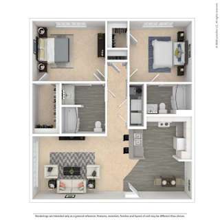 A floor plan of a house with a kitchen, living room, and two bedrooms.