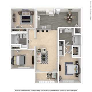 A floor plan of a small apartment with a kitchen, living room, and two bedrooms.