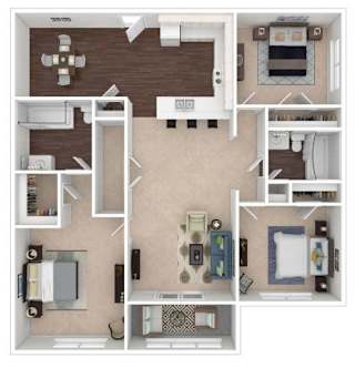A floor plan of a house with a kitchen, living room, and two bedrooms.