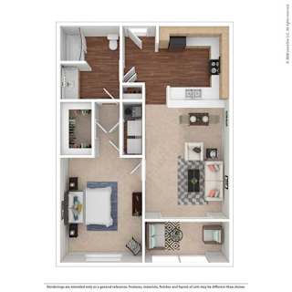 A floor plan of a small apartment with a kitchen, living room, and bedroom.