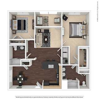 A detailed 3D floor plan of a house layout.