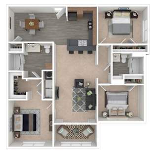 A detailed 3D floor plan of a small apartment.