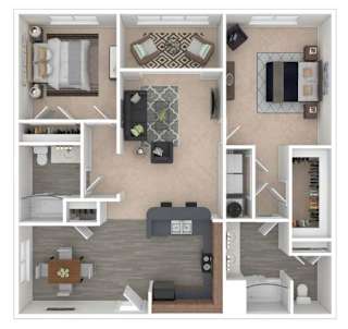 A 3D floor plan of a house showing a kitchen, living room, and two bedrooms.