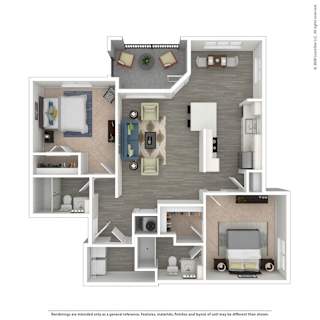 A floor plan of a two-bedroom apartment with a living room, kitchen, and bathroom.