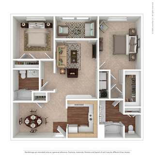 A 3D floor plan of a house with a kitchen, living room, dining room, and bedrooms.