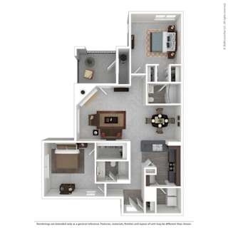 A floor plan of a house with a kitchen, living room, and two bedrooms.