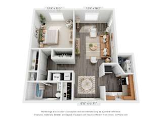 A 3D floor plan of a small apartment with a kitchen, living room, and bathroom.