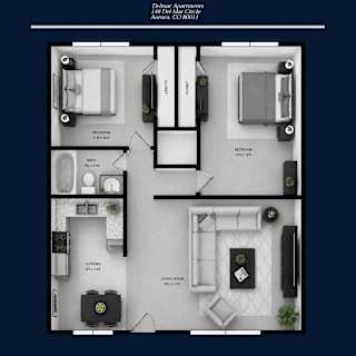 A floor plan of a Delmar Apartments unit showing a living room, kitchen, and two bedrooms.