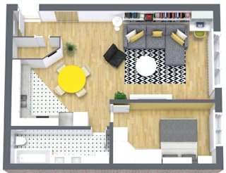of a living room and dining room with a yellow table