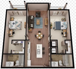 3d floor plan of a house with a bedroom and living room
