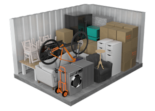 A 3D rendered image of a room with a washing machine, a bicycle, a chair, a table, and boxes.