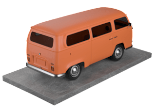 An orange vintage van is parked on a grey platform.