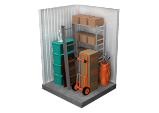 A 3D rendered image of a storage room with a blue barrel, a green barrel, a grey shelf with boxes, a red bag, and an orange hand truck.