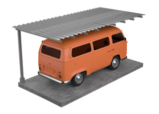 An orange Volkswagen van is parked under a metal awning.