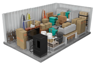 A 3D rendered image of a room with a lot of boxes and furniture.