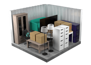 A room with a wooden cabinet, a green table, and a white shelf with boxes on it.