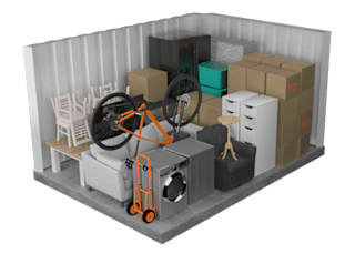 A 3D rendered image of a room with a vacuum cleaner, a washing machine, and various boxes and furniture.
