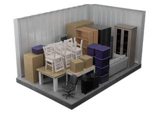 A 3D rendered image of a room with furniture and storage boxes.