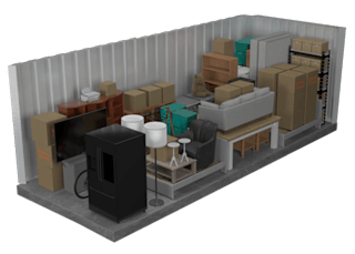 A 3D rendered image of a room with a black refrigerator, a white table, a sofa, a TV, and a shelf with boxes.