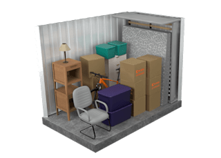 A room with a chair, a desk, a lamp, and boxes.