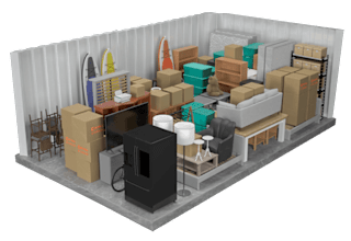 A 3D rendered image of a room with a fireplace, chairs, and a surfboard.