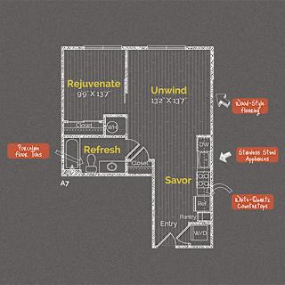 1 bedroom 1 bathroom Floor plan Y at The Maxwell Apartments, Arlington, Virginia