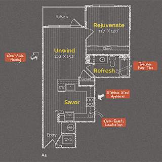 1 bedroom 1 bathroom Floor plan A at The Maxwell Apartments, Virginia, 22203