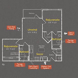 2 bedroom 2 bathroom Floor plan A at The Maxwell Apartments, Arlington, VA, 22203