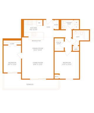 1000 Sq. Ft. Unit - 2 Bedroom 1 Bathroom Floor Plan at The Paramount, Arlington, VA, 22202