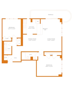 1217 Sq. Ft. Unit - 2 Bedroom Floor Plan at The Paramount, Arlington, 22202