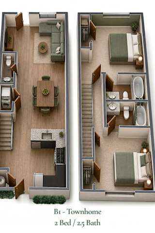 A floor plan of a two bedroom townhome with two bathrooms.