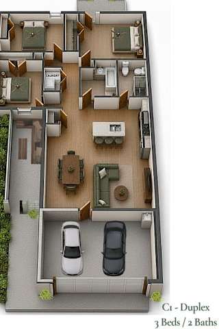 A floor plan of a Cri-Duplex with 3 beds and 2 baths.
