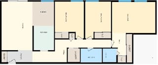 a floor plan of a house with yellow walls and blue floors