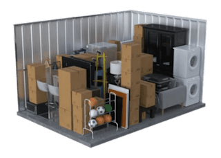 A 3D rendered image of a storage room with various items.