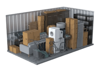 A 3D rendered image of a storage room with various items.
