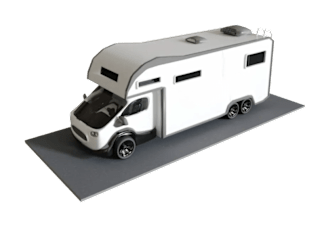 A white RV is parked on a gray platform.