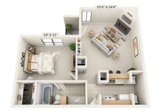 This is a 3D floor plan of a 692 square foot 1 bedroom apartment at Cambridge Court Apartments in Dallas, TX.