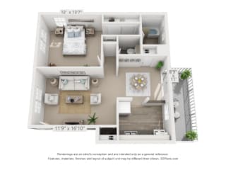 This is a 3D floor plan of a 740 square foot 2 bedroom, patio apartment at Compton Lake Apartments in Mt. Healthy, OH.