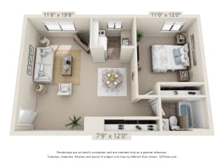 This is a 3D floor plan of a 576 square foot 1 bedroom apartment at Red BankReserve Apartments in Cincinnati, OH.