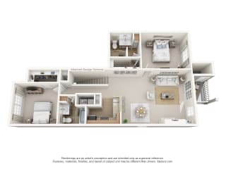 This is a 3D floor plan of a 1135 square foot 2 bedroom Retreat at The Sanctuary at Fishers Apartments in Fishers, IN.
