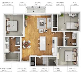A detailed floor plan of a two-bedroom apartment with a living room, dining room, kitchen, and bathroom.