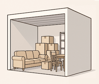 A medium storage unit containing with a couch, chair, and boxes.