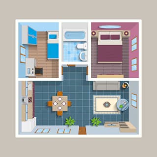 A cartoon style drawing of a house with a kitchen, living room, and bathroom.