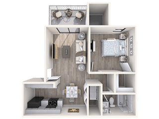 A 3D floor plan of a small apartment with a kitchen, living room, and bedrooms at Red Mountain Apartments, Mesa, AZ