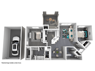 A 3D floor plan of a house with a garage and a car.